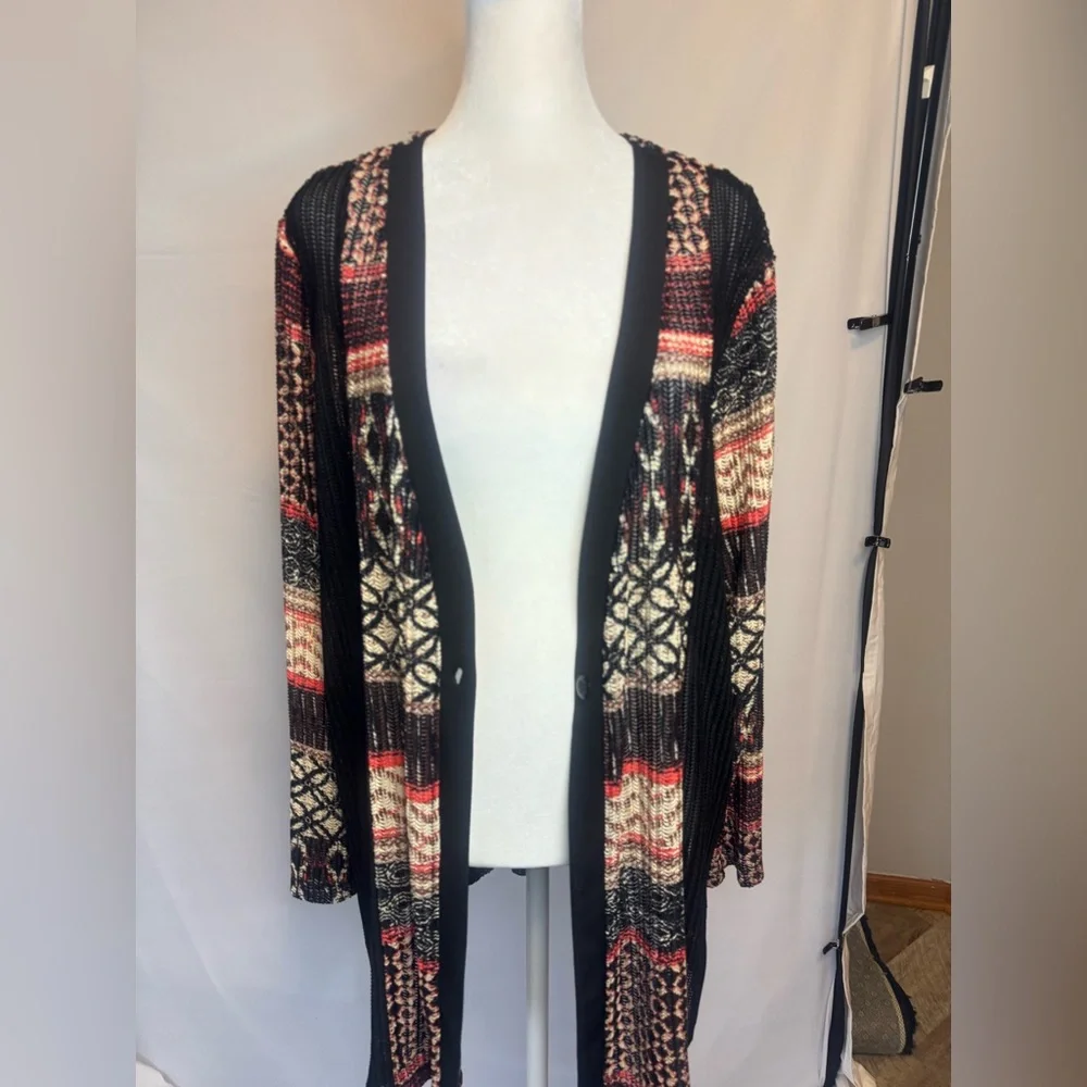 Catherines Black, Red, and Cream Textured Patterned One- Button Cardigan,
